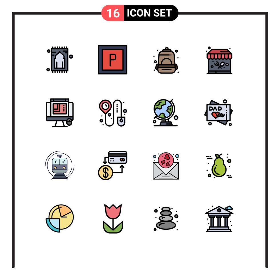 paquete de interfaz de usuario de 16 líneas básicas llenas de color plano de diseño web bolsa de diseño web parque de diseño css elementos de diseño de vectores creativos editables