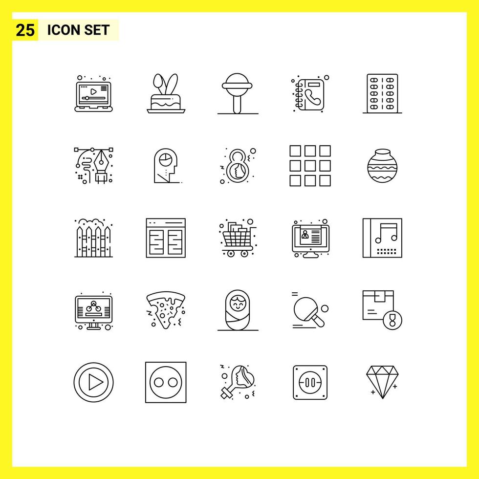 Mobile Interface Line Set of 25 Pictograms of drugs phone book baby phone book Editable Vector Design Elements