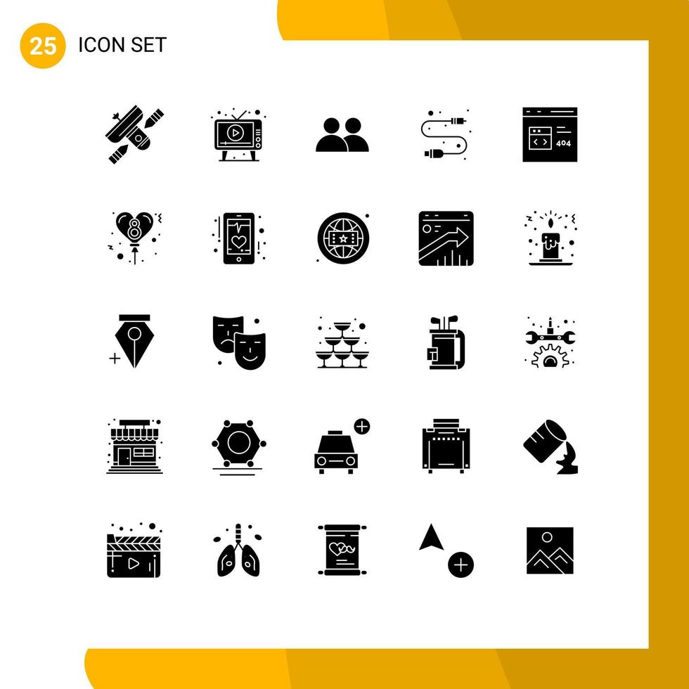Pack of 25 Modern Solid Glyphs Signs and Symbols for Web Print Media such as wire electronic play cable user Editable Vector Design Elements