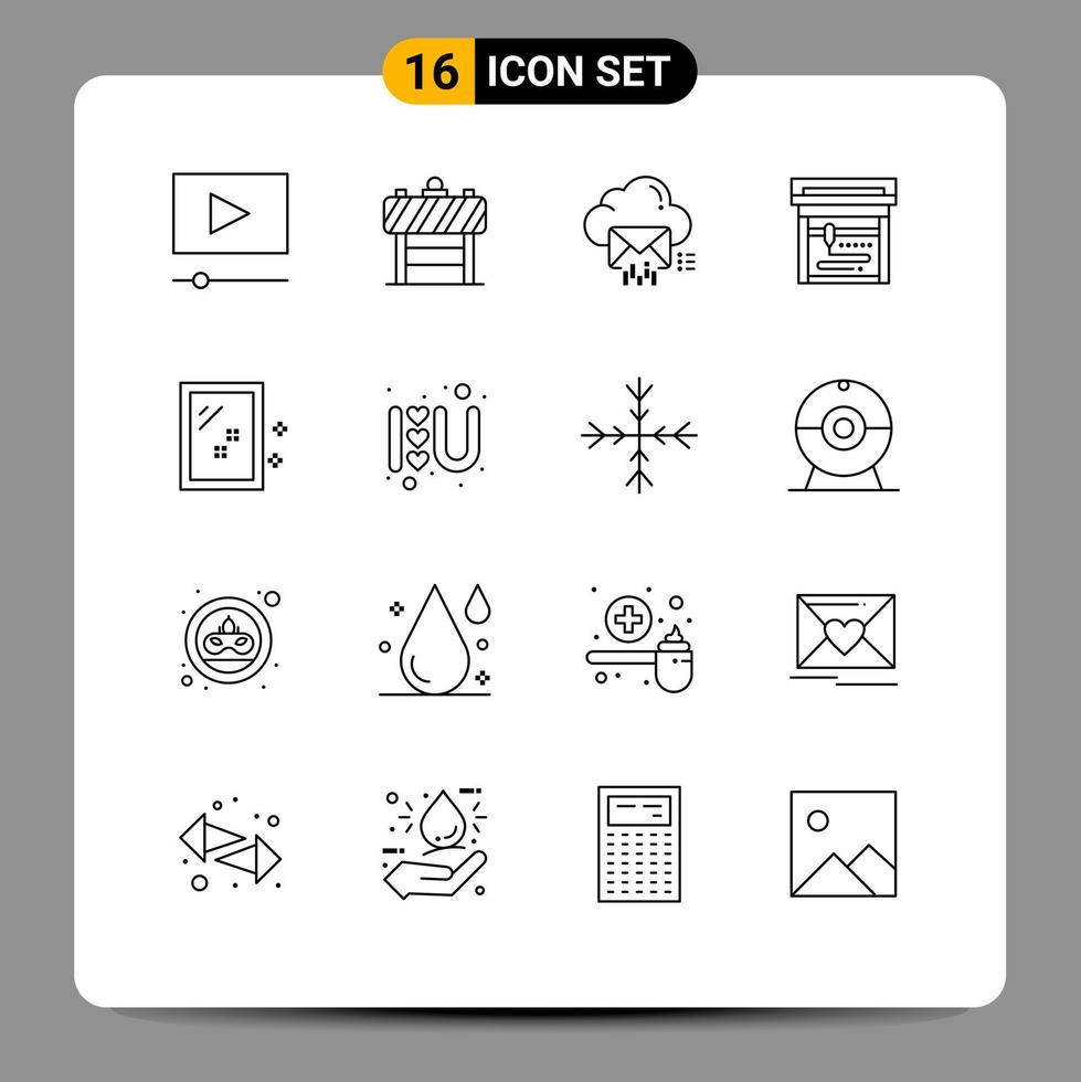 Set of 16 Commercial Outlines pack for wash mirror mail door machine Editable Vector Design Elements