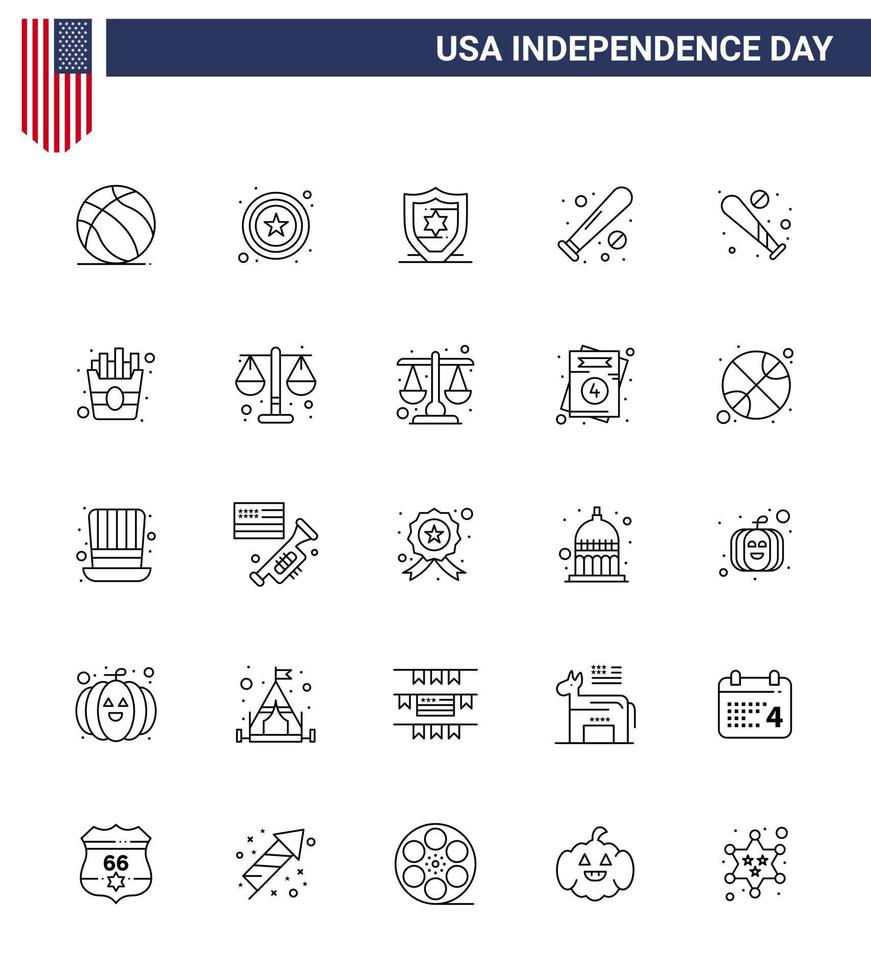 4 de julio usa feliz día de la independencia icono símbolos grupo de 25 líneas modernas de papas fritas protección rápida usa bat elementos de diseño vectorial editables del día de usa vector