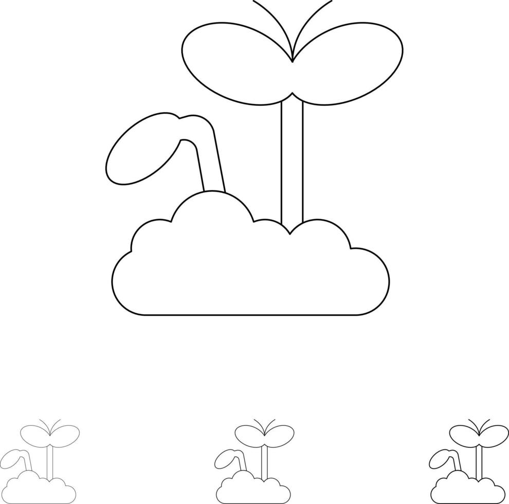 Growth Increase Maturity Plant Bold and thin black line icon set vector