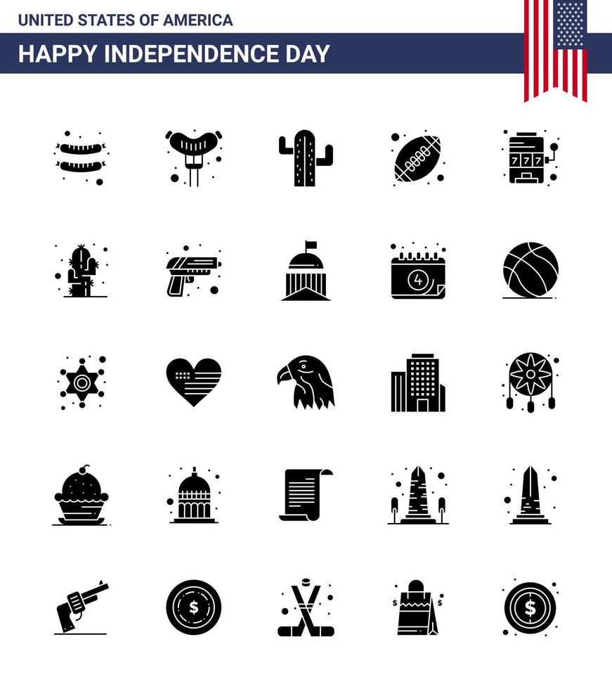 feliz día de la independencia 4 de julio conjunto de 25 pictogramas americanos de glifo sólido de máquina de juego de rugby de cactus de planta elementos de diseño de vector de día de estados unidos editables