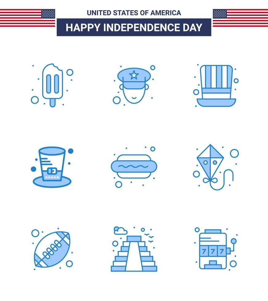 Group of 9 Blues Set for Independence day of United States of America such as ball summer presidents kite food Editable USA Day Vector Design Elements