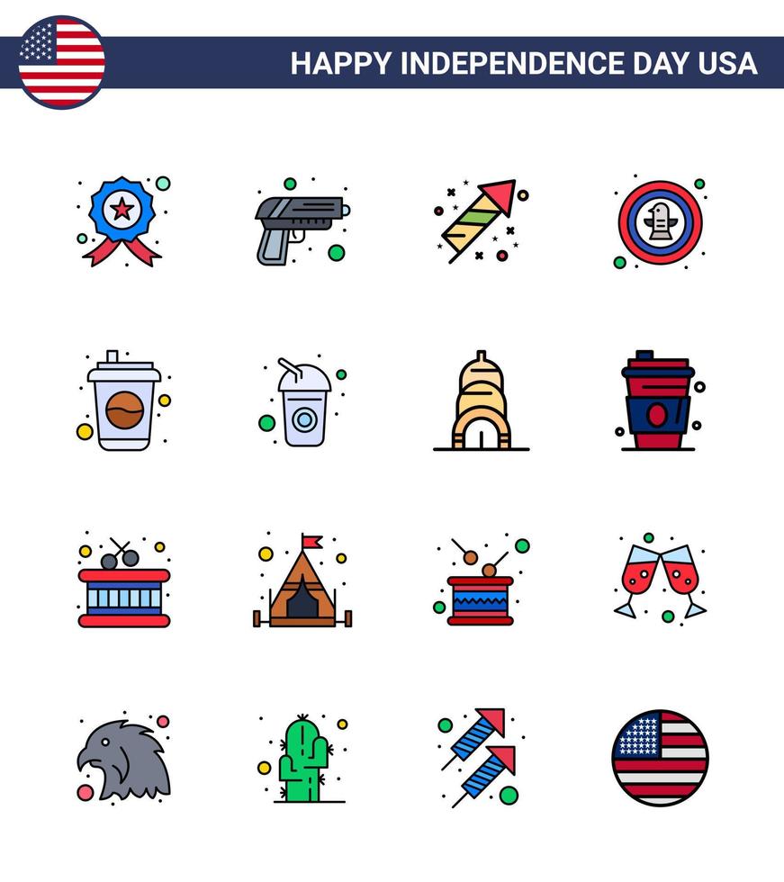 feliz día de la independencia usa paquete de 16 líneas creativas planas llenas de águila de botella celebración celebración elementos de diseño de vector de día de usa editable americano