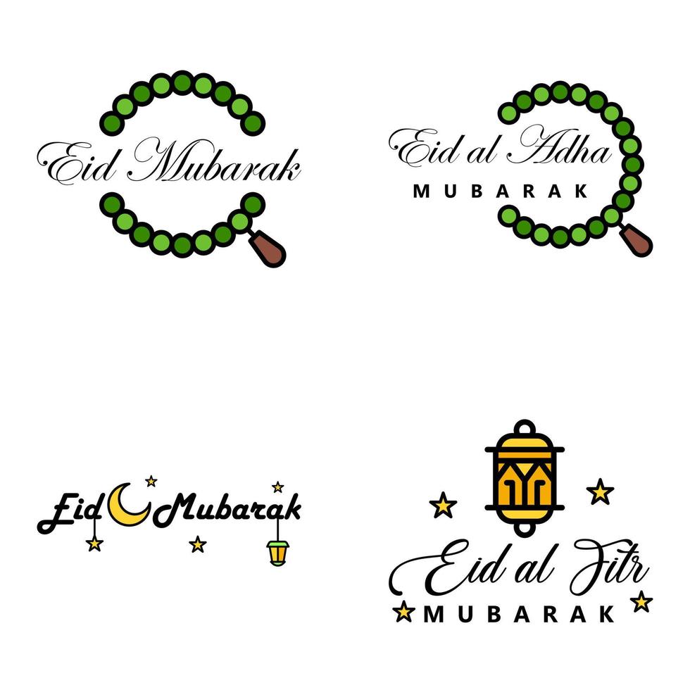 Pack of 4 Vector of Arabic Calligraphy Text with Moon And Stars of Eid Mubarak for the Celebration of Muslim Community Festival