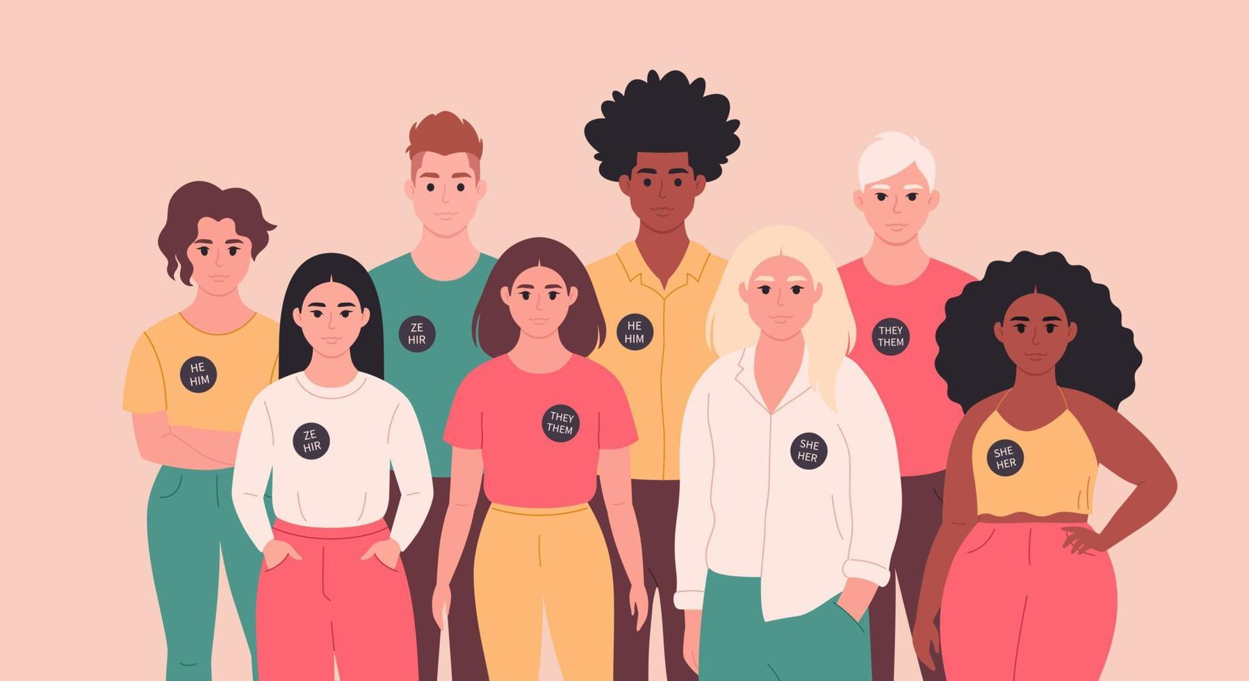 People with gender pronouns pin. She, he, they, non-binary. Gender-neutral movement. LGBTQ community vector