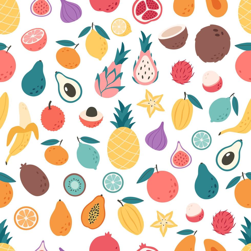 Exotic and tropical fruits seamless pattern. Flat, hand drawn texture for wallpaper, textile, fabric, paper vector