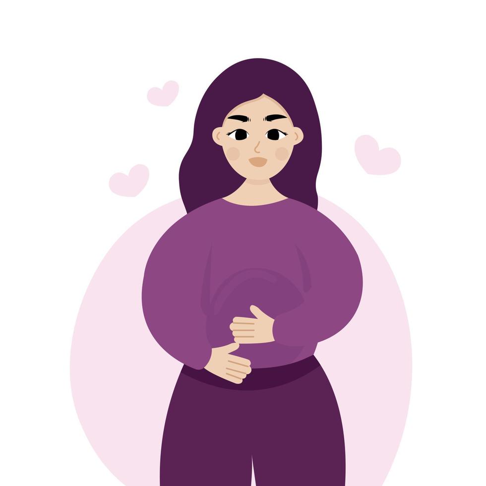 Young pregnant woman holding her belly and smiling. Happy future mother expecting a baby. vector