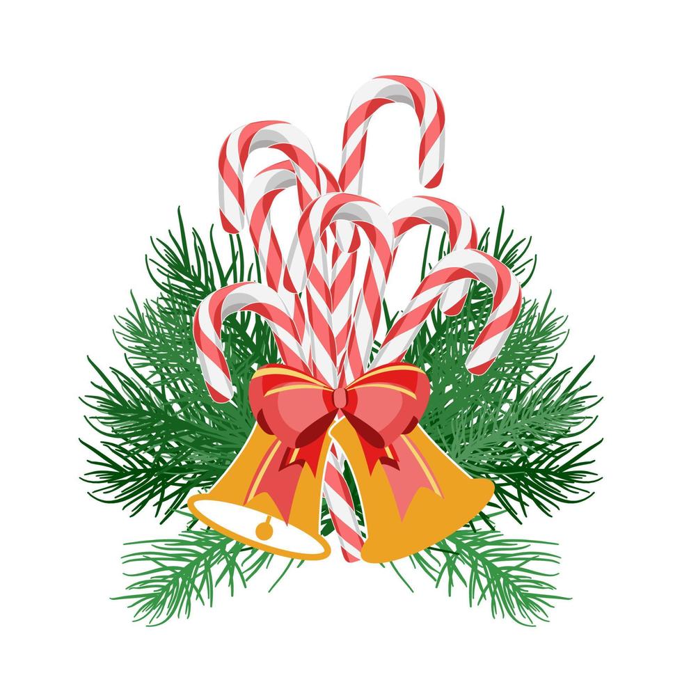 Christmas decoration with Candy canes, Christmas tree branches and bells with bow vector