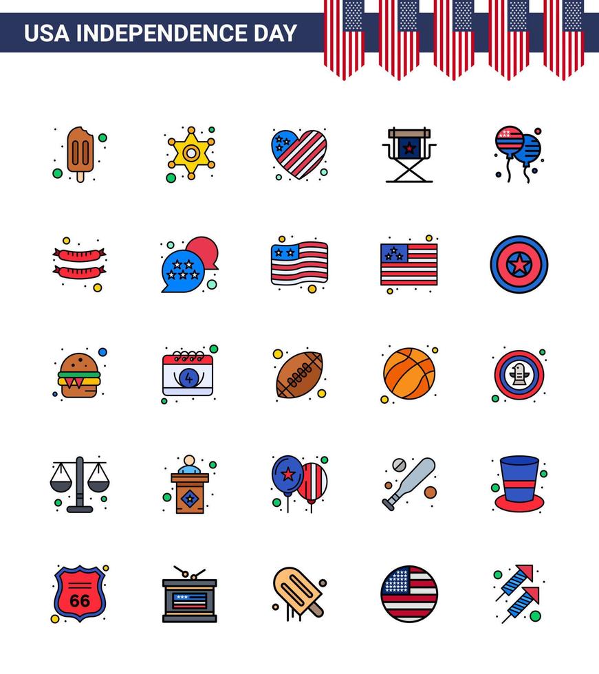 Happy Independence Day 4th July Set of 25 Flat Filled Lines American Pictograph of bloons television flag star director Editable USA Day Vector Design Elements