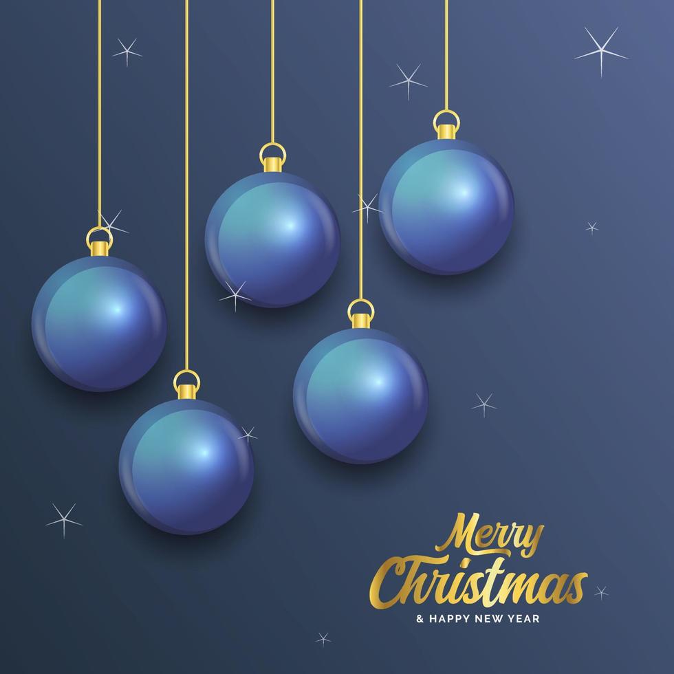 feliz navidad banner azul oscuro con bolas. tarjeta de Navidad vector