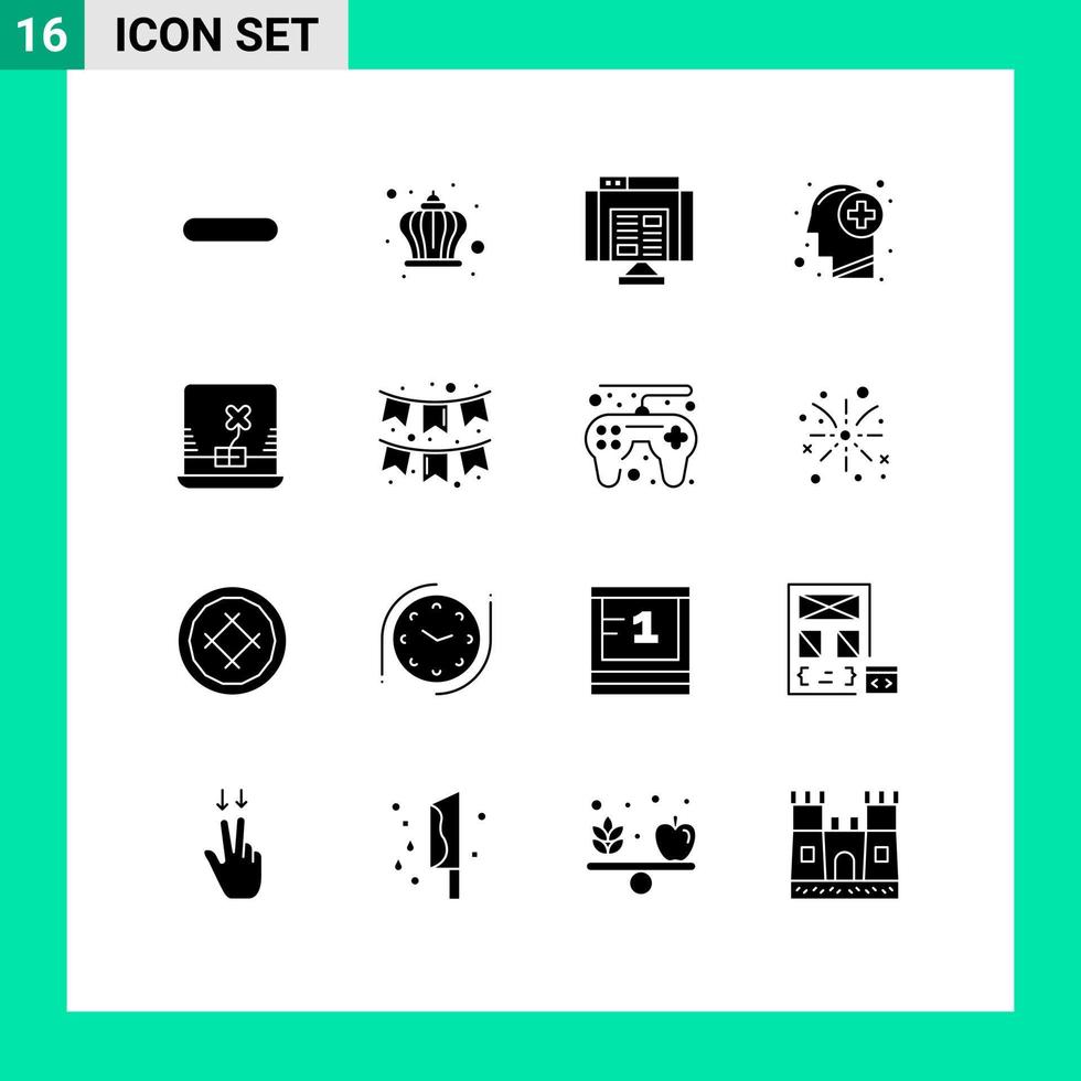 16 Thematic Vector Solid Glyphs and Editable Symbols of laptop mind application human head Editable Vector Design Elements