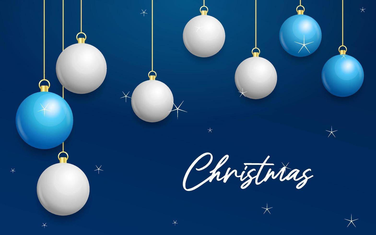 Christmas blue background with hanging shining white and Silver balls. Merry christmas greeting card vector