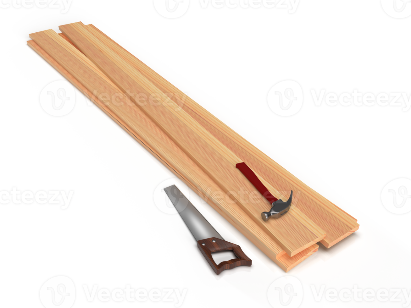Wooden boards, hacksaw and hammer, 3D rendering png