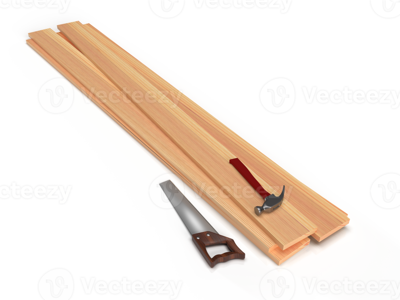 trä- brädor, bågfil och hammare, 3d tolkning png