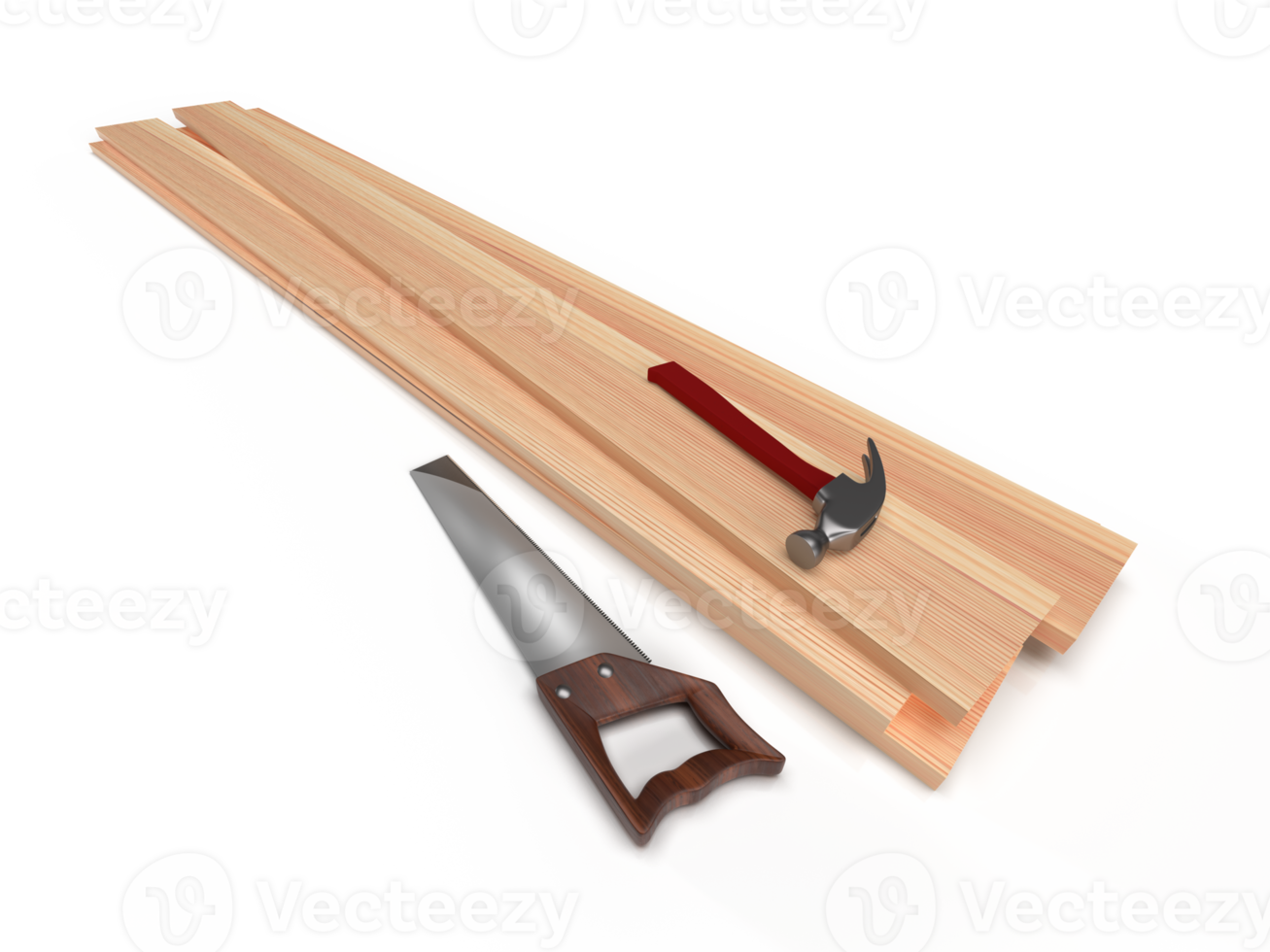Wooden boards, hacksaw and hammer, 3D rendering png
