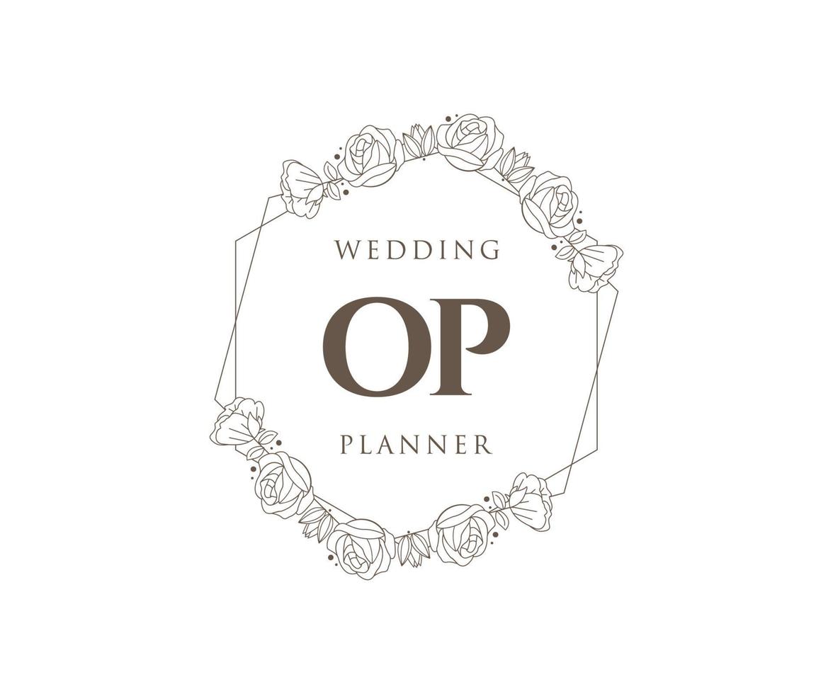 Colección de logotipos de monograma de boda con letras iniciales op, plantillas florales y minimalistas modernas dibujadas a mano para tarjetas de invitación, guardar la fecha, identidad elegante para restaurante, boutique, café en vector