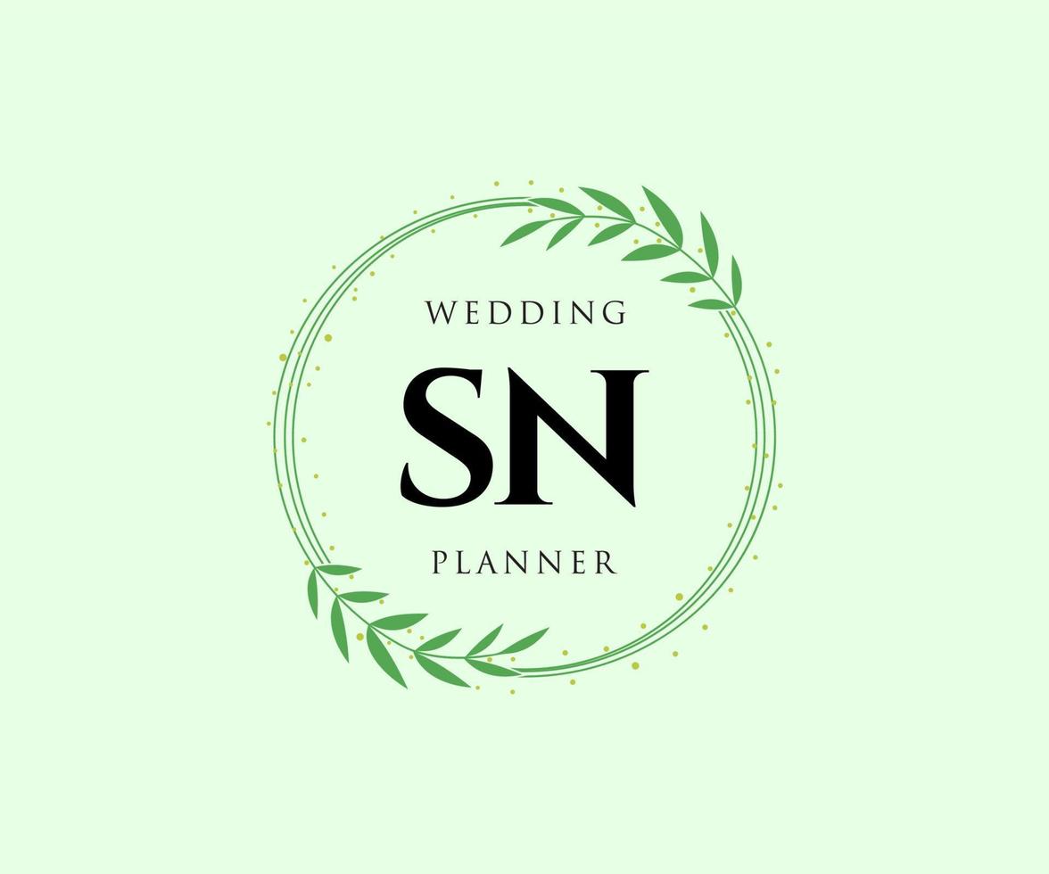 colección de logotipos de monograma de boda con letras iniciales sn, plantillas florales y minimalistas modernas dibujadas a mano para tarjetas de invitación, guardar la fecha, identidad elegante para restaurante, boutique, café en vector