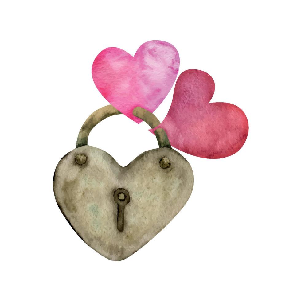 Watercolor hand drawn composition of red and purple hearts and lock for Valentine's day. Isolated on white background. Design for paper, love, greeting cards, textile, print, wallpaper, wedding vector