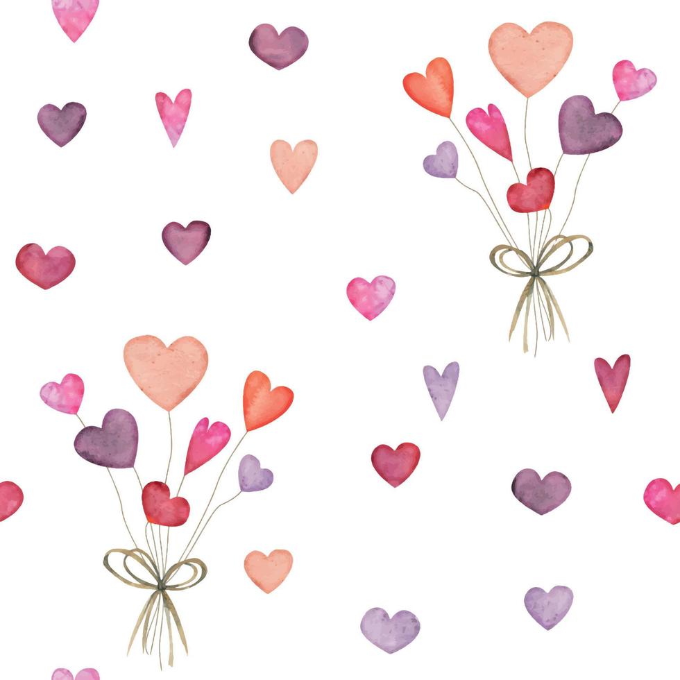 Watercolor hand drawn seamless pattern of red and purple hearts, bouquets for Valentine's day. Isolated on white background. Design for paper, love, greeting cards, textile, print, wallpaper, wedding vector