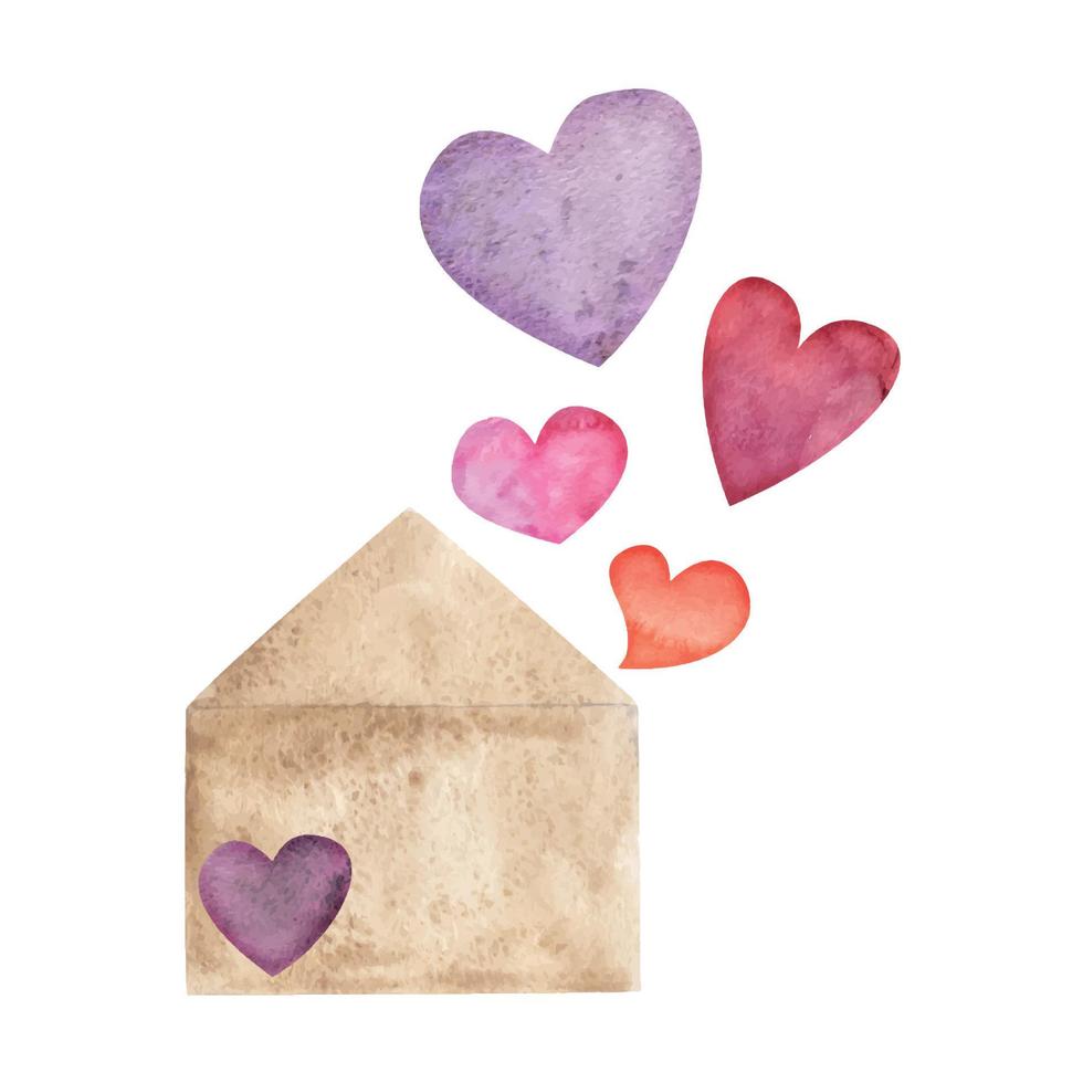 Watercolor hand drawn composition with red and purple hearts and envelope for Valentine's day. Isolated on white background. Design for paper, love, greeting cards, textile, print, wallpaper, wedding vector