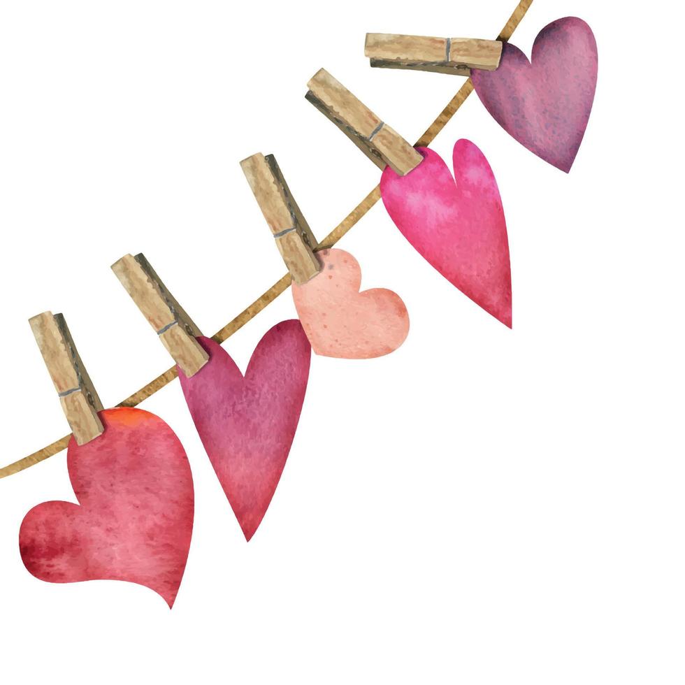 Watercolor hand drawn composition, red and purple hearts on clothespin for Valentine's day. Isolated on white background. Design for paper, love, greeting cards, textile, print, wallpaper, wedding vector