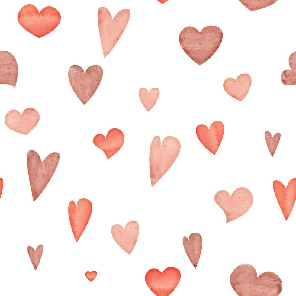 Watercolor hand drawn seamless pattern of red, pink and beige hearts for Valentine's day. Isolated on white background. Design for paper, love, greeting cards, textile, print, wallpaper, wedding vector