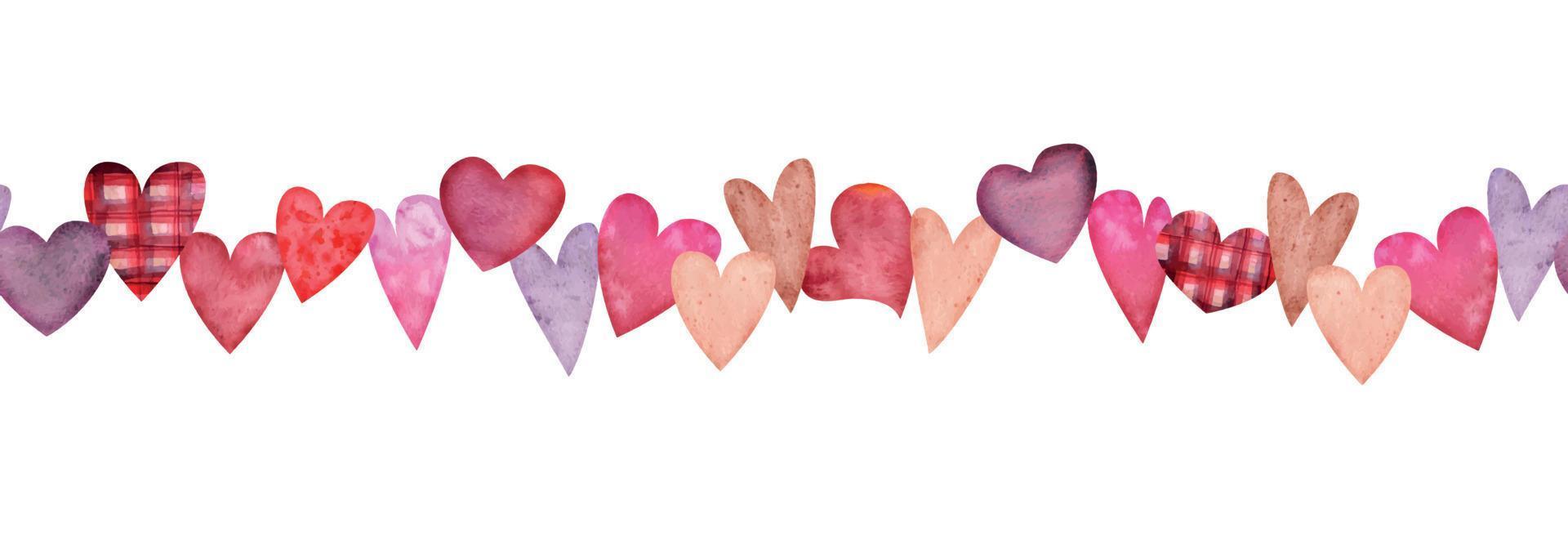 Watercolor hand drawn horizontal seamless banner of red and purple hearts for Valentine's day. Isolated on white background. Design for paper, love, greeting cards, textile, print, wallpaper, wedding vector