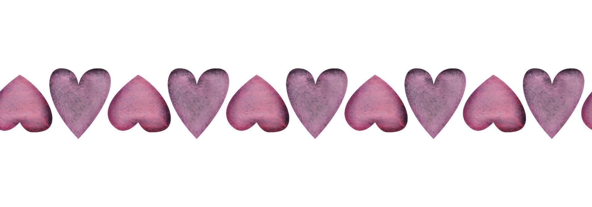 Watercolor hand drawn seamless horizontal banner of red and purple hearts for Valentine's day. Isolated on white background. Design for paper, love, greeting cards, textile, print, wallpaper, wedding vector