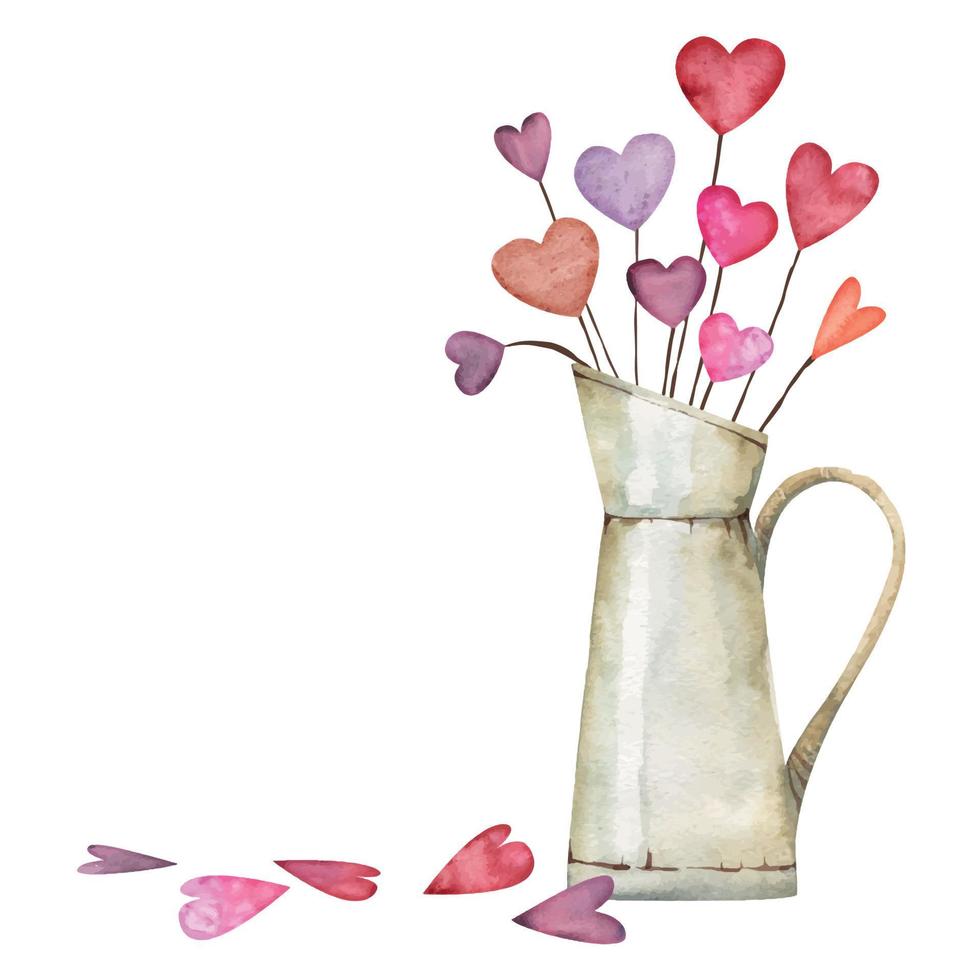 Watercolor hand drawn composition, bouquet of red and purple hearts in jug for Valentine's day. Isolated on white background. Design for paper, love, greeting cards, textile, print, wallpaper, wedding vector