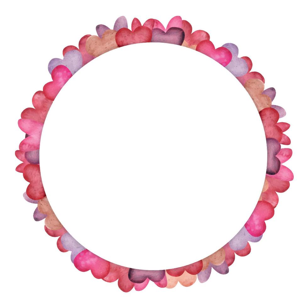 Watercolor hand drawn wreath of red, purple, pink and scarlet hearts for Valentine's day. Isolated on white background. Design for paper, love and greeting cards, textile, print, wallpaper, wedding vector