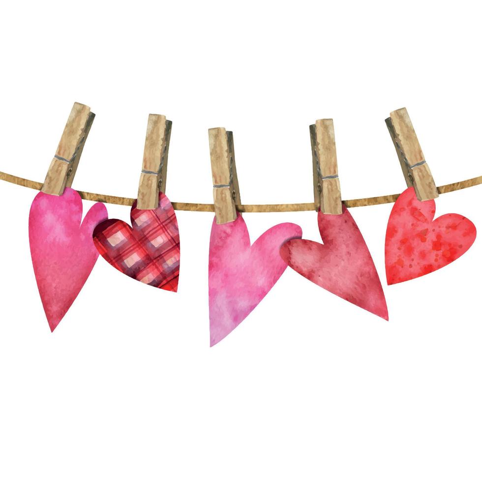 Watercolor hand drawn composition, red and purple hearts on clothespin for Valentine's day. Isolated on white background. Design for paper, love, greeting cards, textile, print, wallpaper, wedding vector