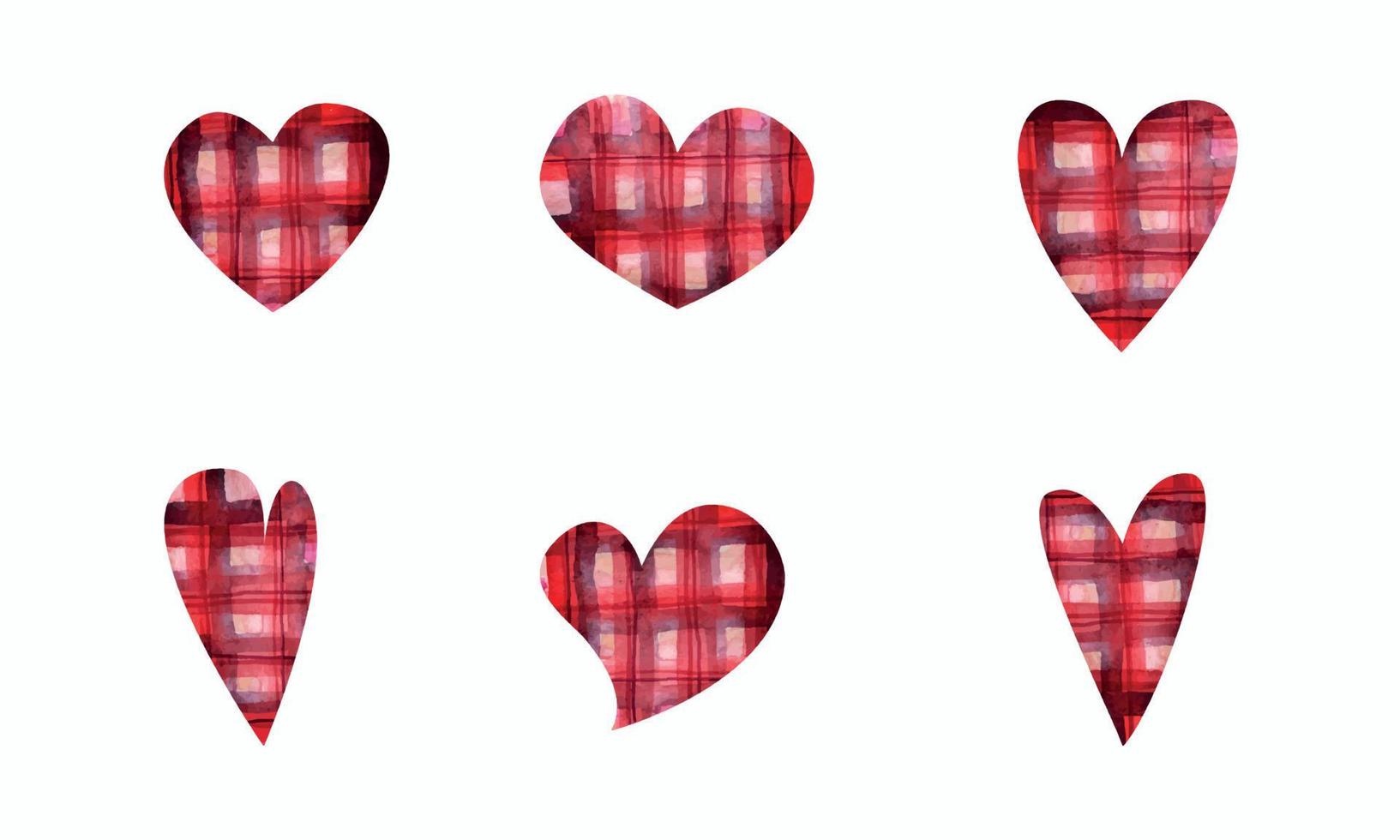 Watercolor hand drawn set of objects, textured red plaid hearts for Valentine's day. Isolated on white background. Design for paper, love, greeting cards, textile, print, wallpaper, wedding vector