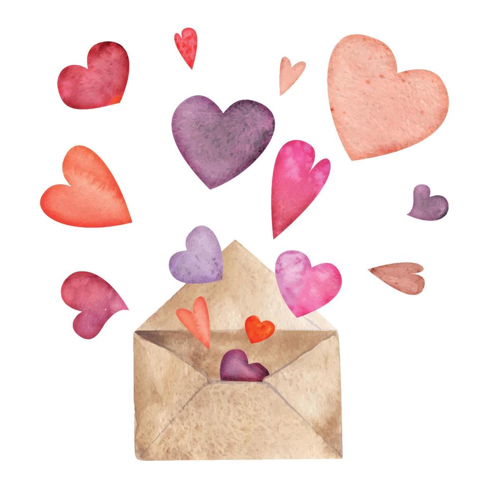 Watercolor hand drawn composition with red and purple hearts and envelope for Valentine's day. Isolated on white background. Design for paper, love, greeting cards, textile, print, wallpaper, wedding vector