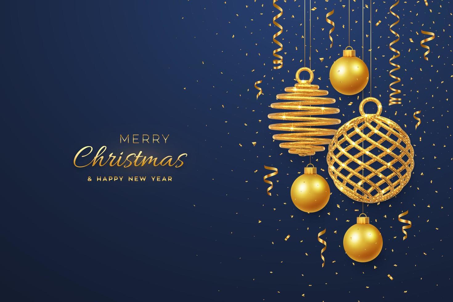 Christmas banner with shining hanging gold balls and with confetti on blue background. Greeting card with copyspace. New Year poster, cover template. Holiday decoration. Vector illustration.