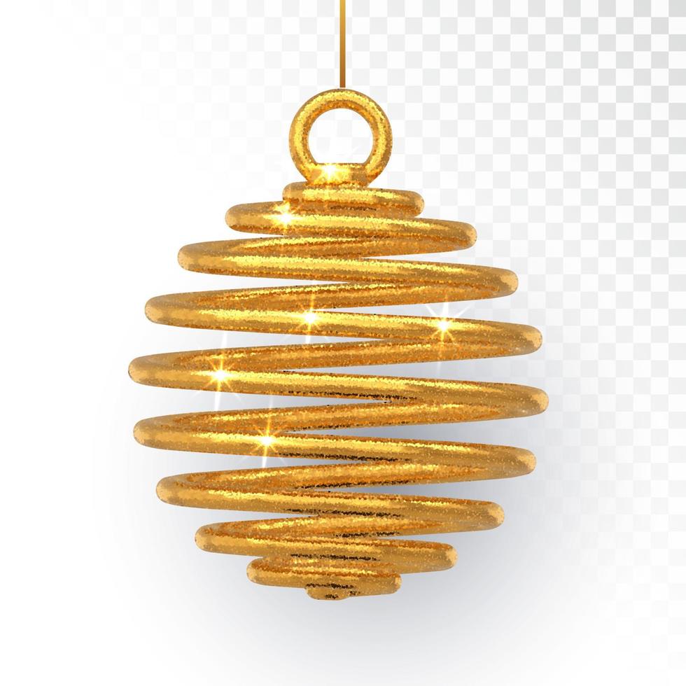 Gold Christmas tree toy ball spiral shape isolated on a transparent background. 3D Xmas realistic sparkling metallic ball bauble. Merry Christmas. Happy New Year. Vector illustration.