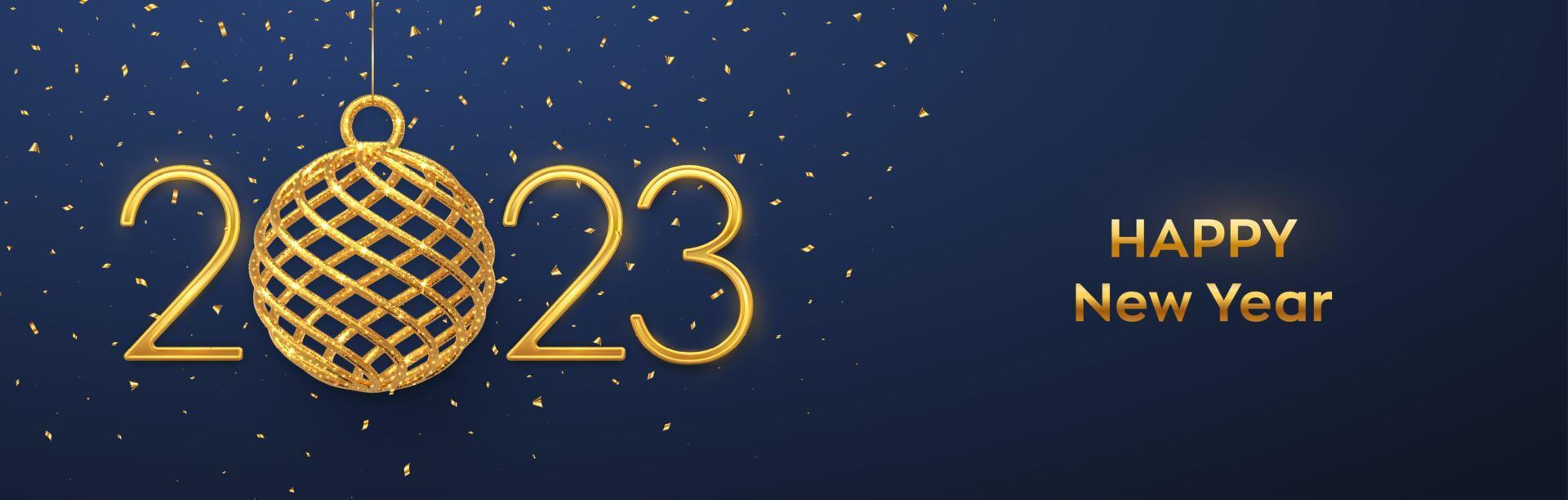 Happy New 2023 Year. Hanging Golden metallic numbers 2023 with shining 3D gold ball bauble and confetti on blue background. New Year greeting card, banner, header template. Vector illustration.