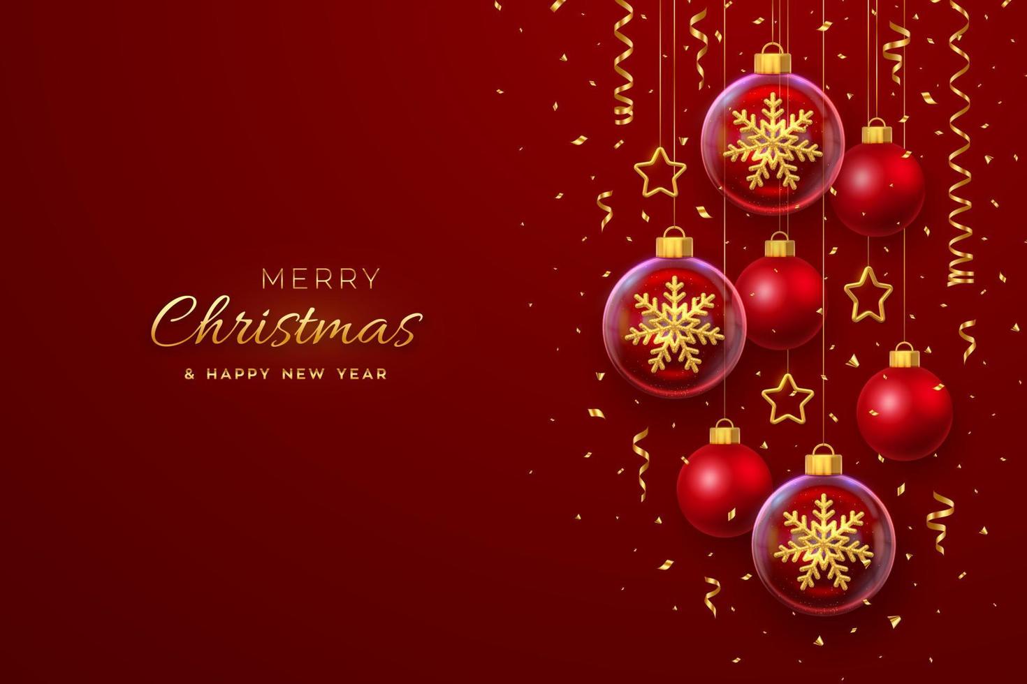 Merry christmas greeting card. Golden shining 3D snowflakes in a glass bauble. Christmas red background with hanging gold stars and balls. Holiday Xmas, New Year banner, flyer. Vector Illustration.