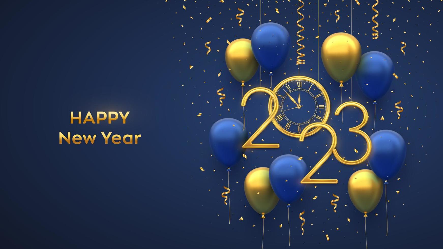 Happy New 2023 Year. Hanging Golden metallic numbers 2023, watch with Roman numeral and countdown midnight with 3D festive helium balloons and falling confetti on blue background. Vector illustration.