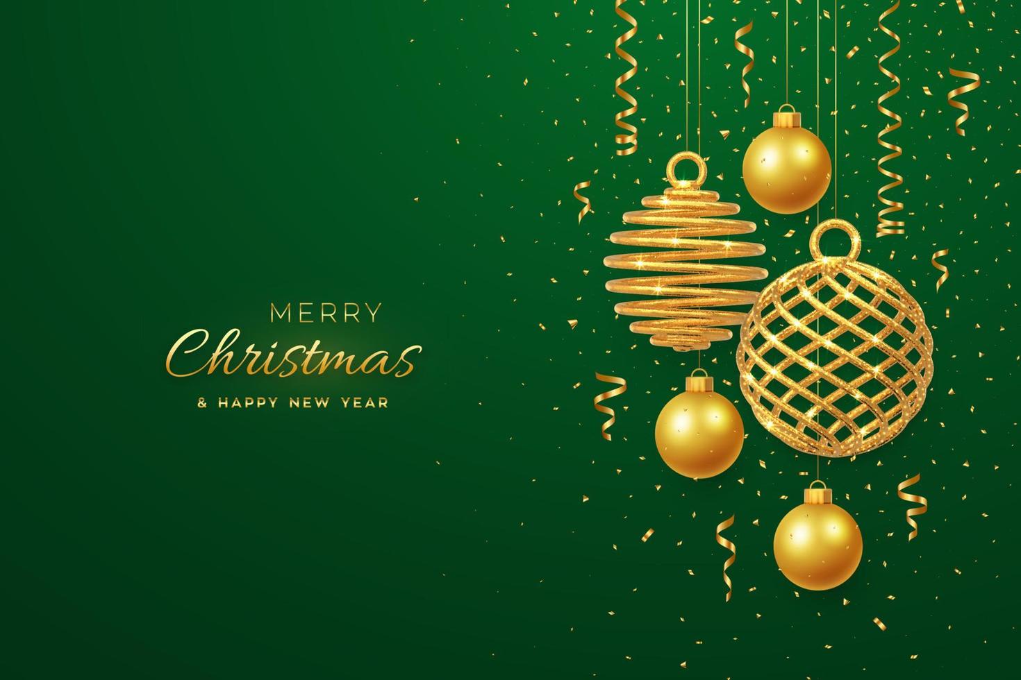 Christmas banner with shining hanging gold balls and with confetti on green background. Greeting card with copyspace. New Year poster, cover template. Holiday decoration. Vector illustration.