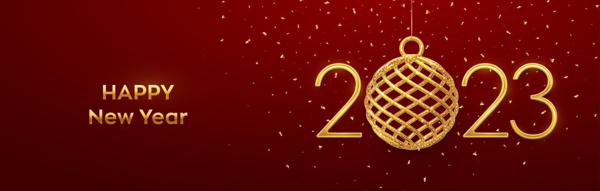 Happy New 2023 Year. Hanging Golden metallic numbers 2023 with shining 3D gold ball bauble and confetti on red background. New Year greeting card, banner, header template. Vector illustration.