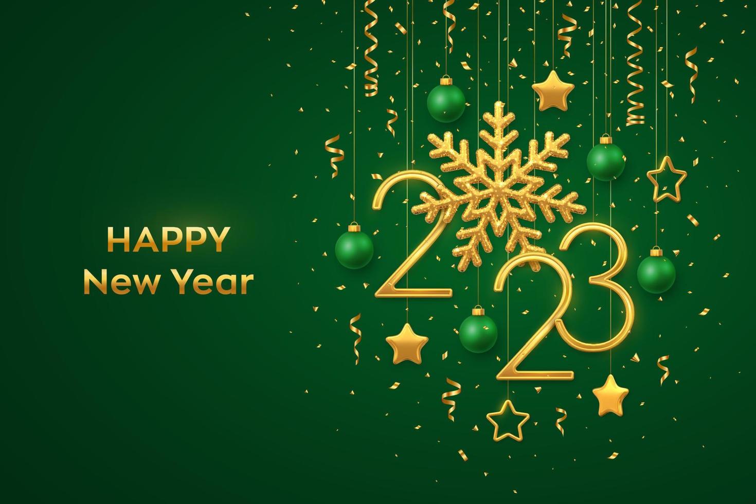 Happy New 2023 Year. Hanging Golden metallic numbers 2023 with shining snowflake and confetti on green background. New Year greeting card or banner template. Holiday decoration. Vector illustration.