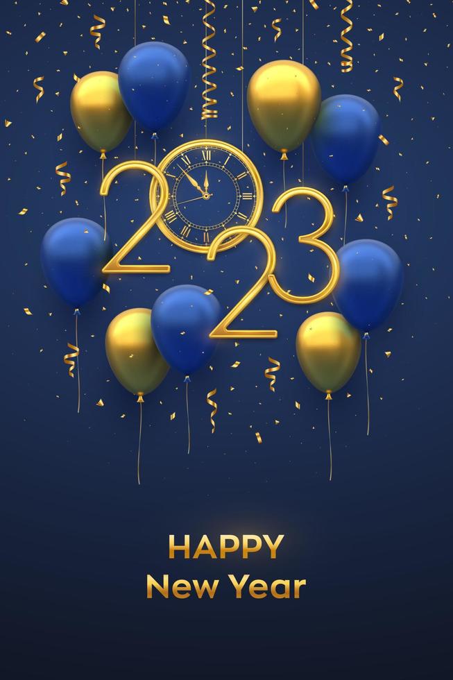 Happy New 2023 Year. Hanging Golden metallic numbers 2023, watch with Roman numeral and countdown midnight with 3D festive helium balloons and falling confetti on blue background. Vector illustration.