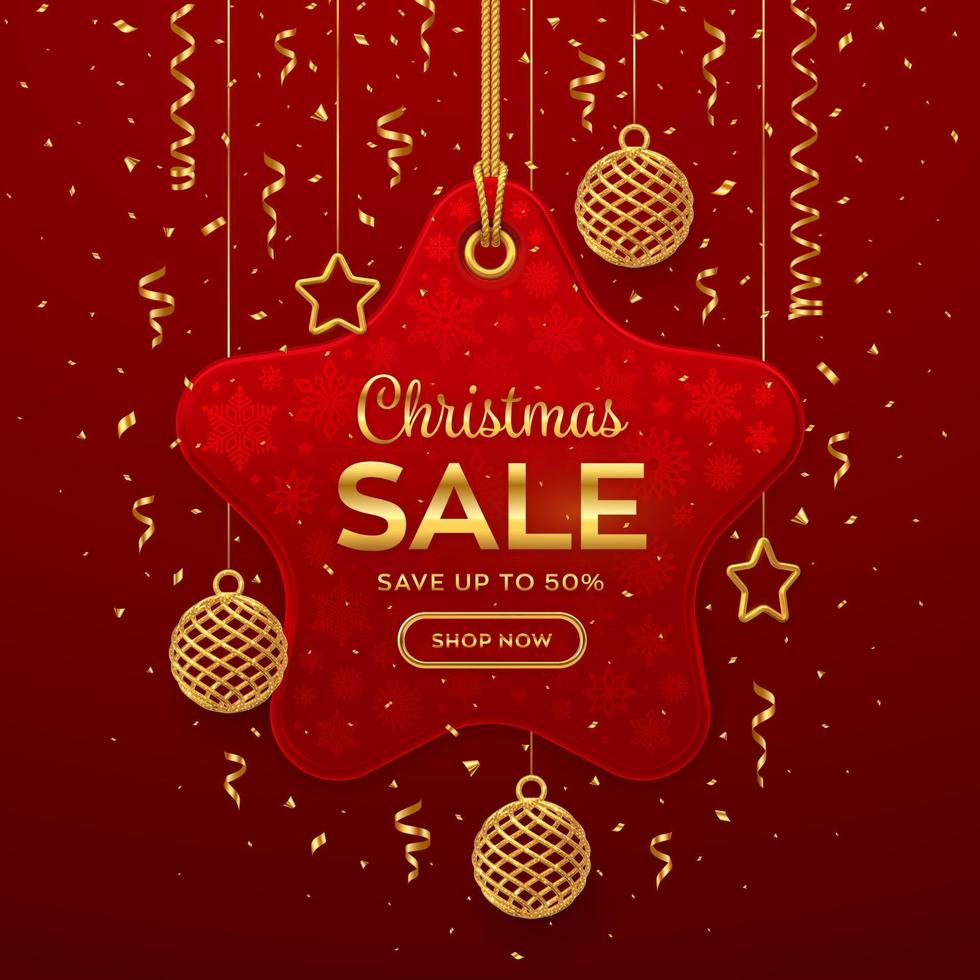 navidad, etiqueta de precio de venta de año nuevo. etiqueta roja realista colgando de una cuerda dorada. etiqueta de descuento con bolas doradas, estrellas, confeti. diseño de banner de navidad, etiqueta de precio de marketing publicitario. ilustración vectorial vector