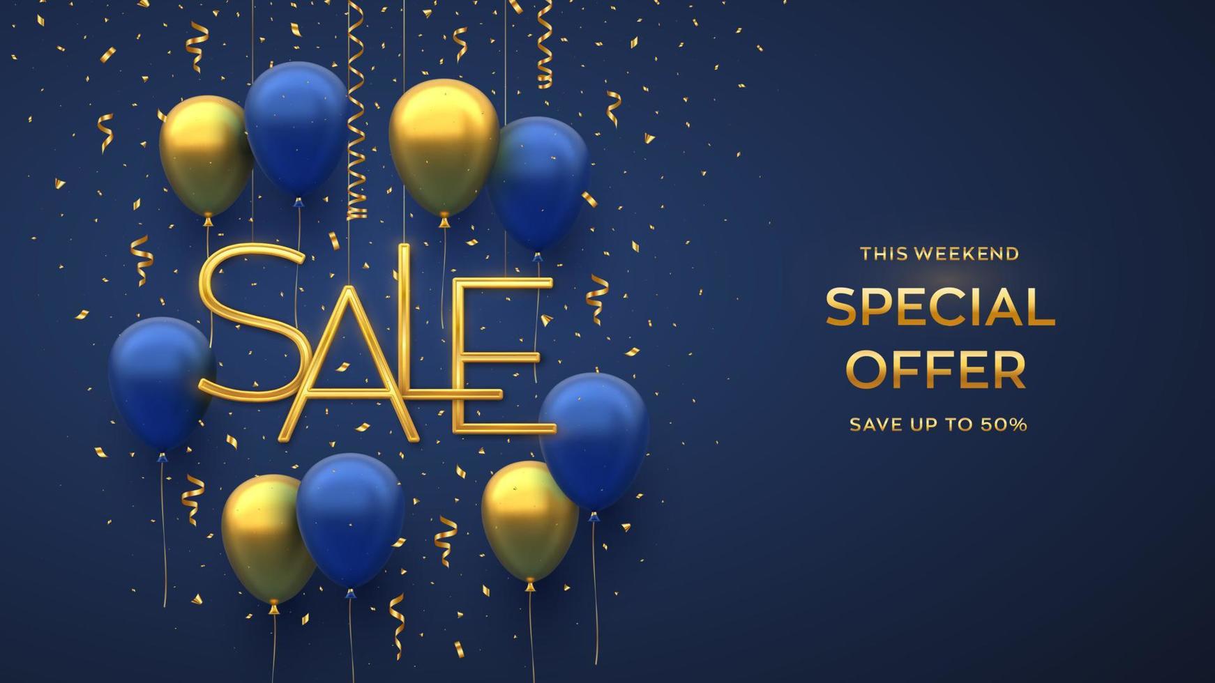 Sale design banner template. Hanging Golden metallic Sale letters with 3D festive helium balloons and falling confetti on blue background. Advertising poster or flyer. Realistic vector illustration.