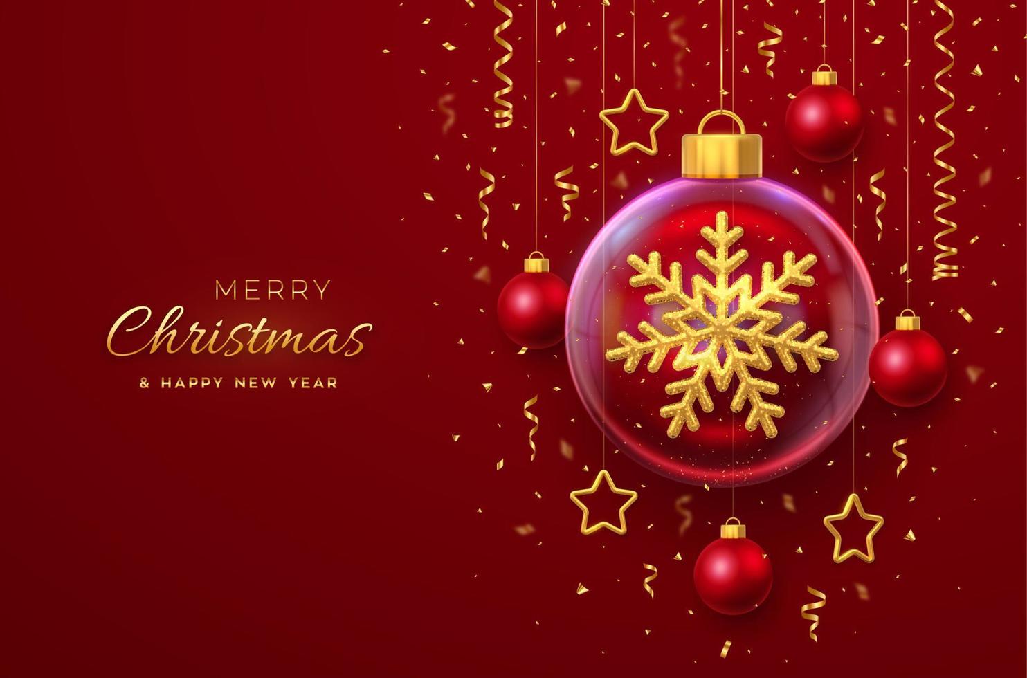 tarjeta de felicitación de feliz navidad. copo de nieve 3d brillante dorado en una bola de cristal. fondo rojo navideño con estrellas y bolas doradas colgantes. vacaciones de navidad, banner de año nuevo, volante. ilustración vectorial vector