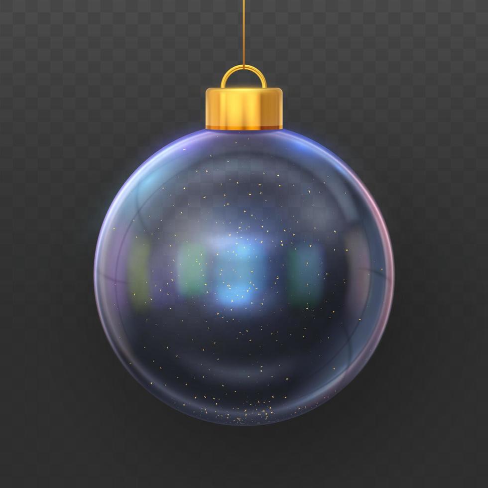 Christmas glass ball. Transparent tree toy ball isolated on a transparent background. 3D Xmas realistic bauble. Merry Christmas decoration design. New Year holiday object. Vector illustration.