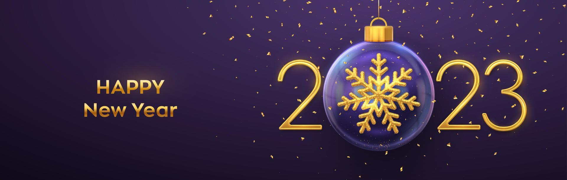 feliz año nuevo 2023. números 3d de metal dorado 2023 con copo de nieve 3d brillante dorado en una bola de cristal de navidad. tarjeta de felicitación. cartel de vacaciones de navidad y año nuevo, pancarta, volante. ilustración vectorial vector