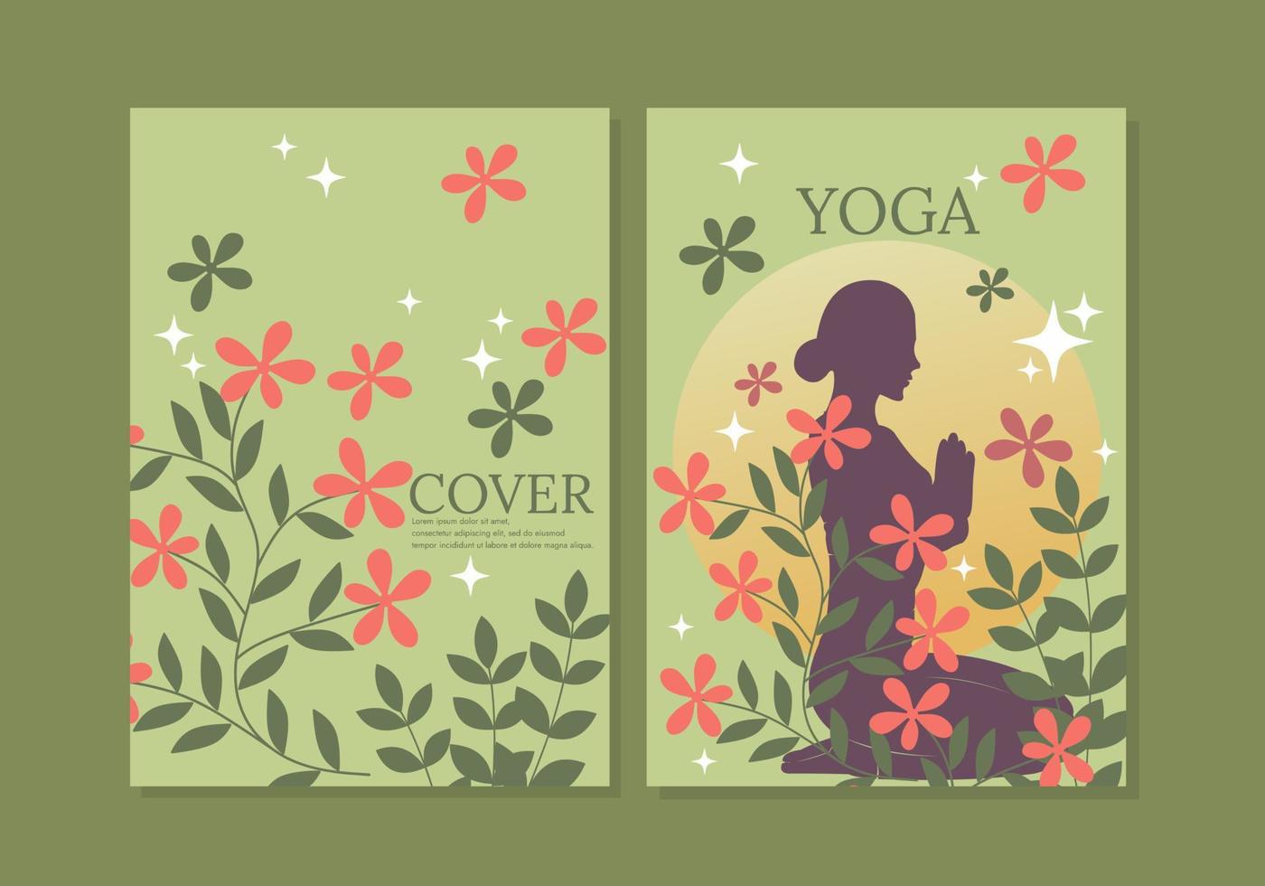 vector de portada con ilustración de silueta de mujer en pose de yoga. fondo elegante con flores abstractas. para libros, diarios deportivos, planificadores